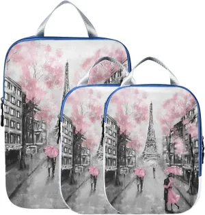 MNSRUU Packing Cubes Lovers Under Cherry Blossoms Of Eiffel Tower Compression Luggage Cubes Packing Bags Travel Organizer for Suitcases, 3 PCS