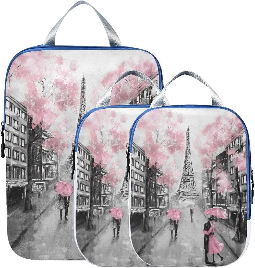 MNSRUU Packing Cubes Lovers Under Cherry Blossoms Of Eiffel Tower Compression Luggage Cubes Packing Bags Travel Organizer for Suitcases, 3 PCS