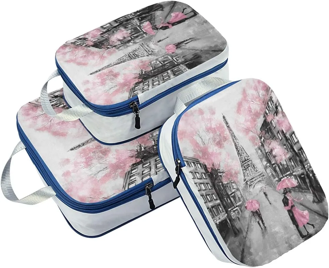 MNSRUU Packing Cubes Lovers Under Cherry Blossoms Of Eiffel Tower Compression Luggage Cubes Packing Bags Travel Organizer for Suitcases, 3 PCS