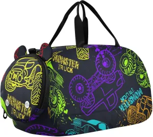 Monster Trucks Cars Pattern Gym Travel Duffel Bag with Shoe Compartment for Boys Girls - Gymnastics Sports Dance Football Travel Bag Teens Weekender Sleepover