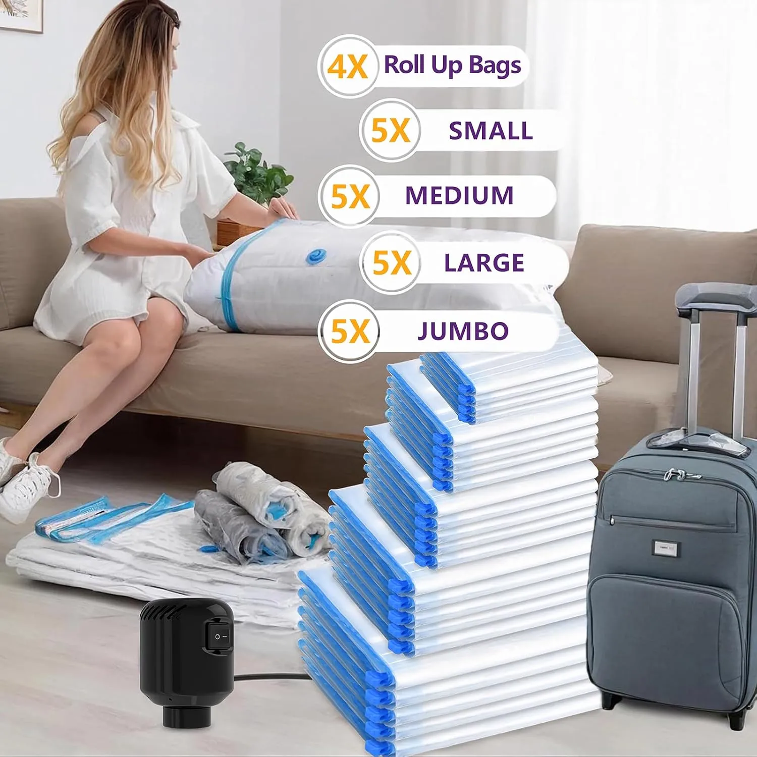 Morecoo 24Pack Vacuum Storage Bags with Electric Pump & New Air Valve, Space Saver Compression Bags for Clothes, Comforters, and Travel Essentials – Includes Jumbo, Large, Medium, Small & Roll-Up Bags
