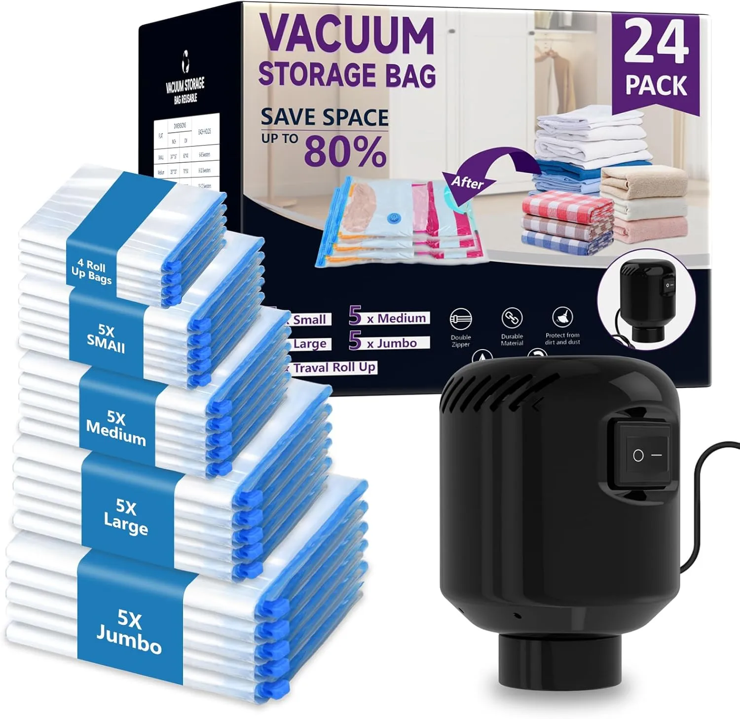 Morecoo 24Pack Vacuum Storage Bags with Electric Pump & New Air Valve, Space Saver Compression Bags for Clothes, Comforters, and Travel Essentials – Includes Jumbo, Large, Medium, Small & Roll-Up Bags