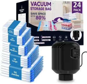 Morecoo 24Pack Vacuum Storage Bags with Electric Pump & New Air Valve, Space Saver Compression Bags for Clothes, Comforters, and Travel Essentials – Includes Jumbo, Large, Medium, Small & Roll-Up Bags