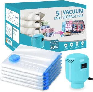 Morecoo 5 Pack Vacuum Storage Bags with Electric Pump, Large Vacuum Seal Bags for Clothing, Comforters, Blankets - Space Saver Compression Bags for Travel & Home Organization