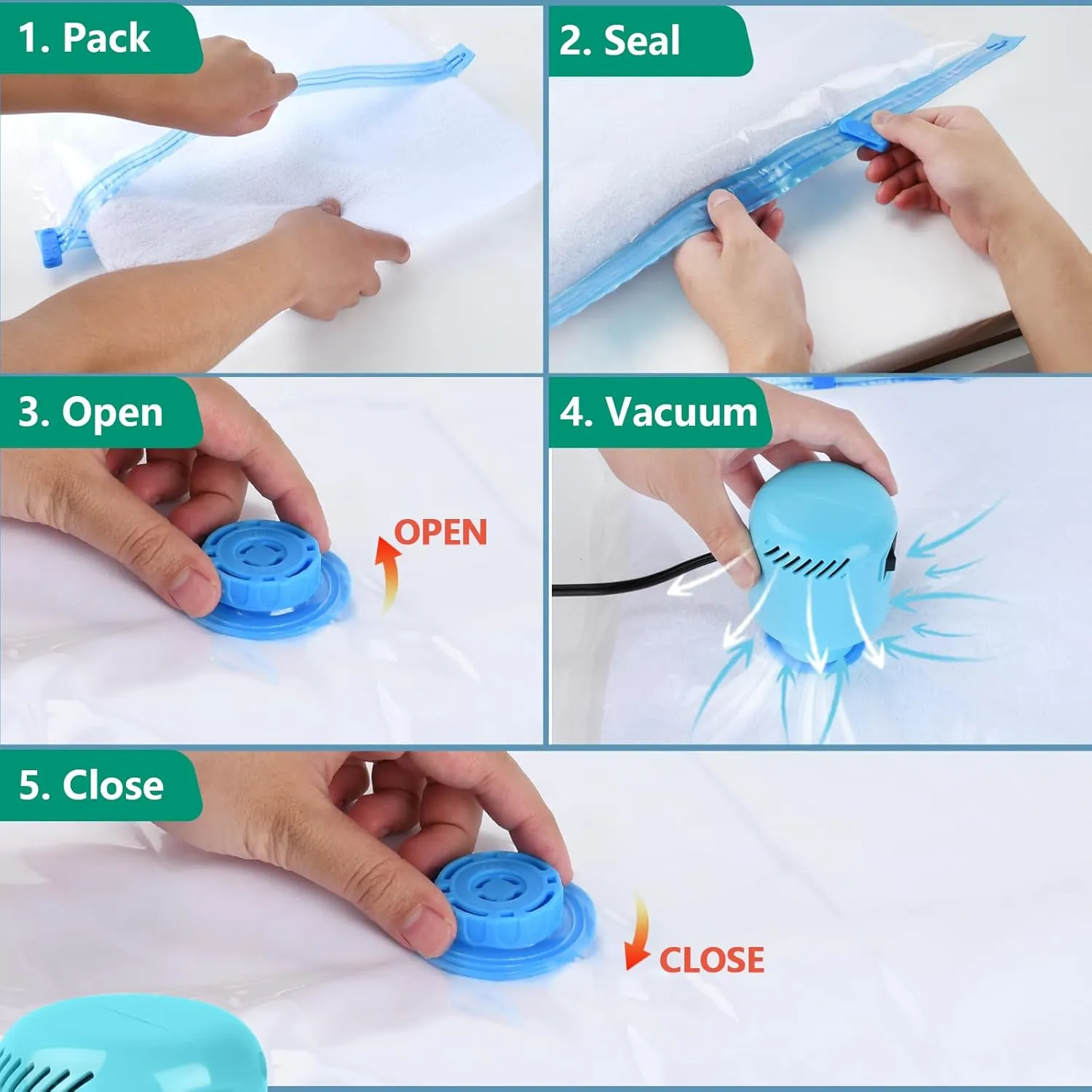 Morecoo 5 Pack Vacuum Storage Bags with Electric Pump, Large Vacuum Seal Bags for Clothing, Comforters, Blankets - Space Saver Compression Bags for Travel & Home Organization