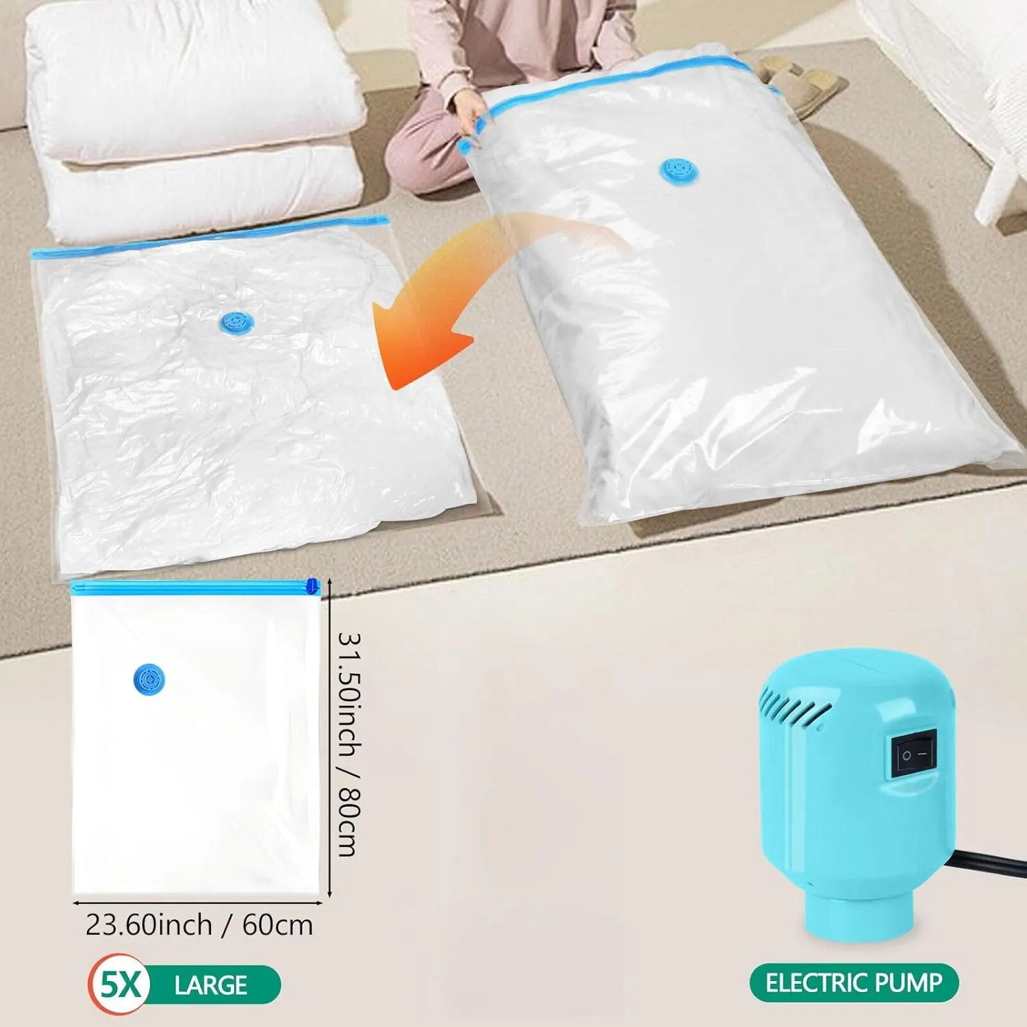 Morecoo 5 Pack Vacuum Storage Bags with Electric Pump, Large Vacuum Seal Bags for Clothing, Comforters, Blankets - Space Saver Compression Bags for Travel & Home Organization