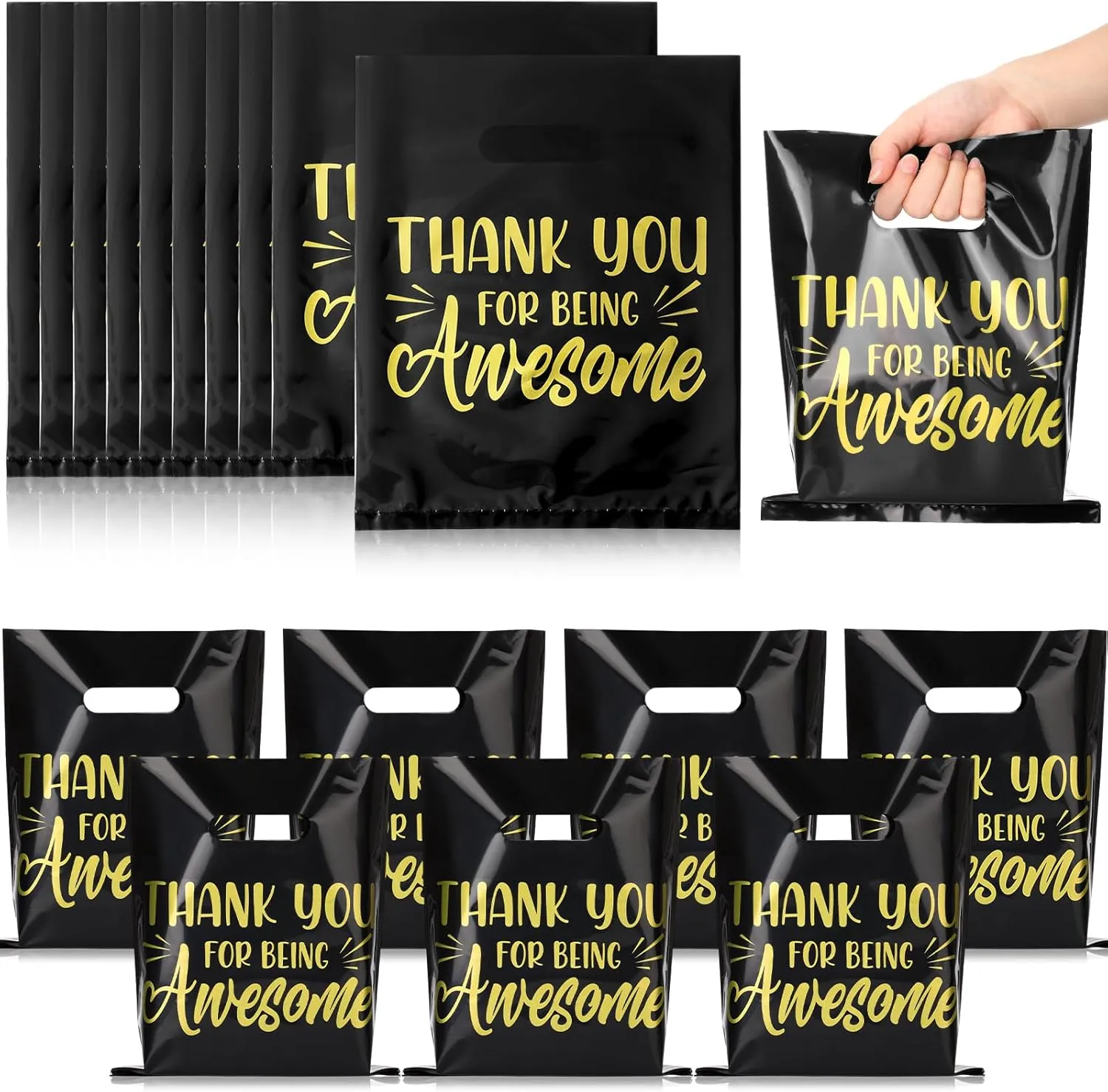 MotiMind 50 Pcs Thank You Gifts Bags Thank You for Being Awesome Plastic 7.9" x 10.2" Thick Employee Appreciation Goodie Bags with Handle for Retail Grocery Shopping Coworker Staff(Black)