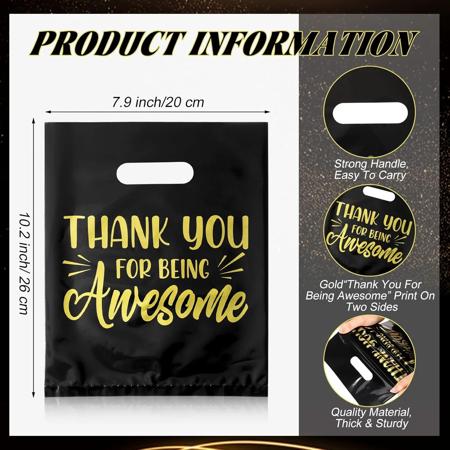 MotiMind 50 Pcs Thank You Gifts Bags Thank You for Being Awesome Plastic 7.9" x 10.2" Thick Employee Appreciation Goodie Bags with Handle for Retail Grocery Shopping Coworker Staff(Black)