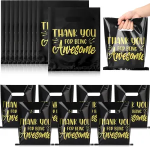 MotiMind 50 Pcs Thank You Gifts Bags Thank You for Being Awesome Plastic 7.9" x 10.2" Thick Employee Appreciation Goodie Bags with Handle for Retail Grocery Shopping Coworker Staff(Black)