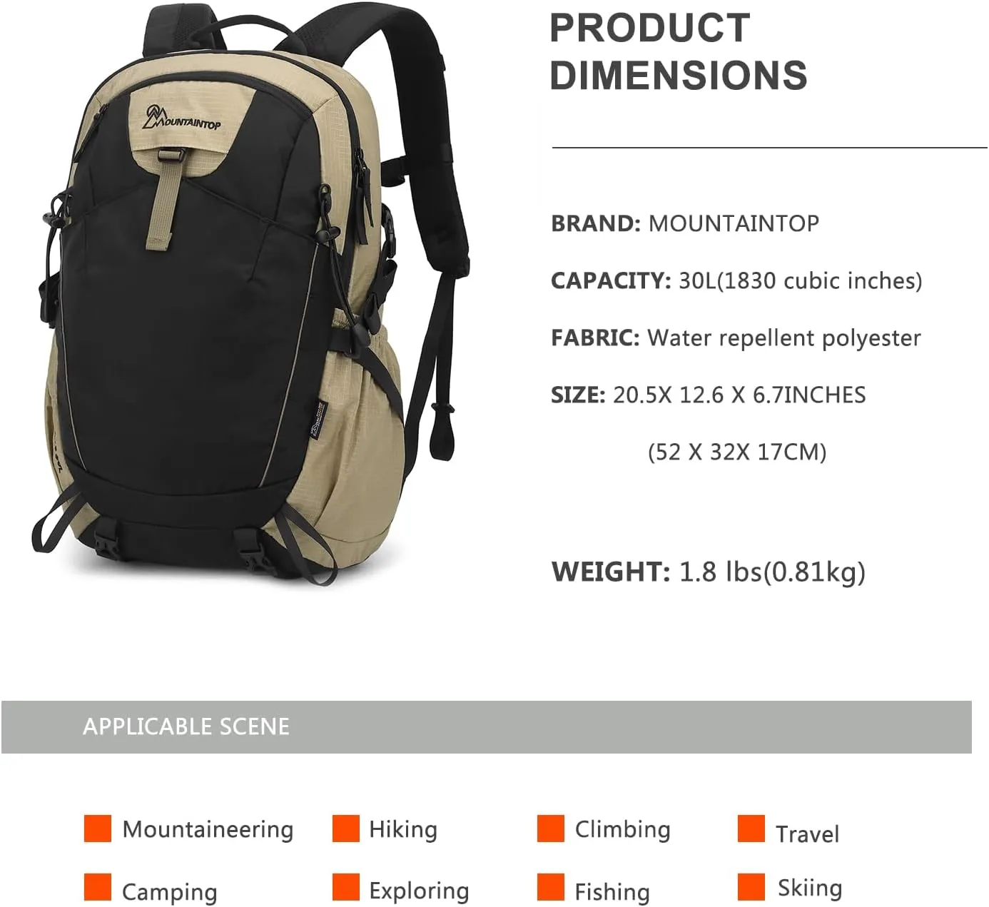 MOUNTAINTOP 30L Hiking Backpack Travel Lightweight Daypack For Outdoor Camping Backpacking