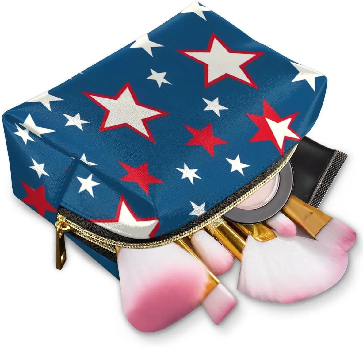 Multicolor Stars Pattern Travel Makeup Bag for Women, PU Leather Waterproof Checkered Cosmetic Bags Large Make up Bag Zipper Pouch