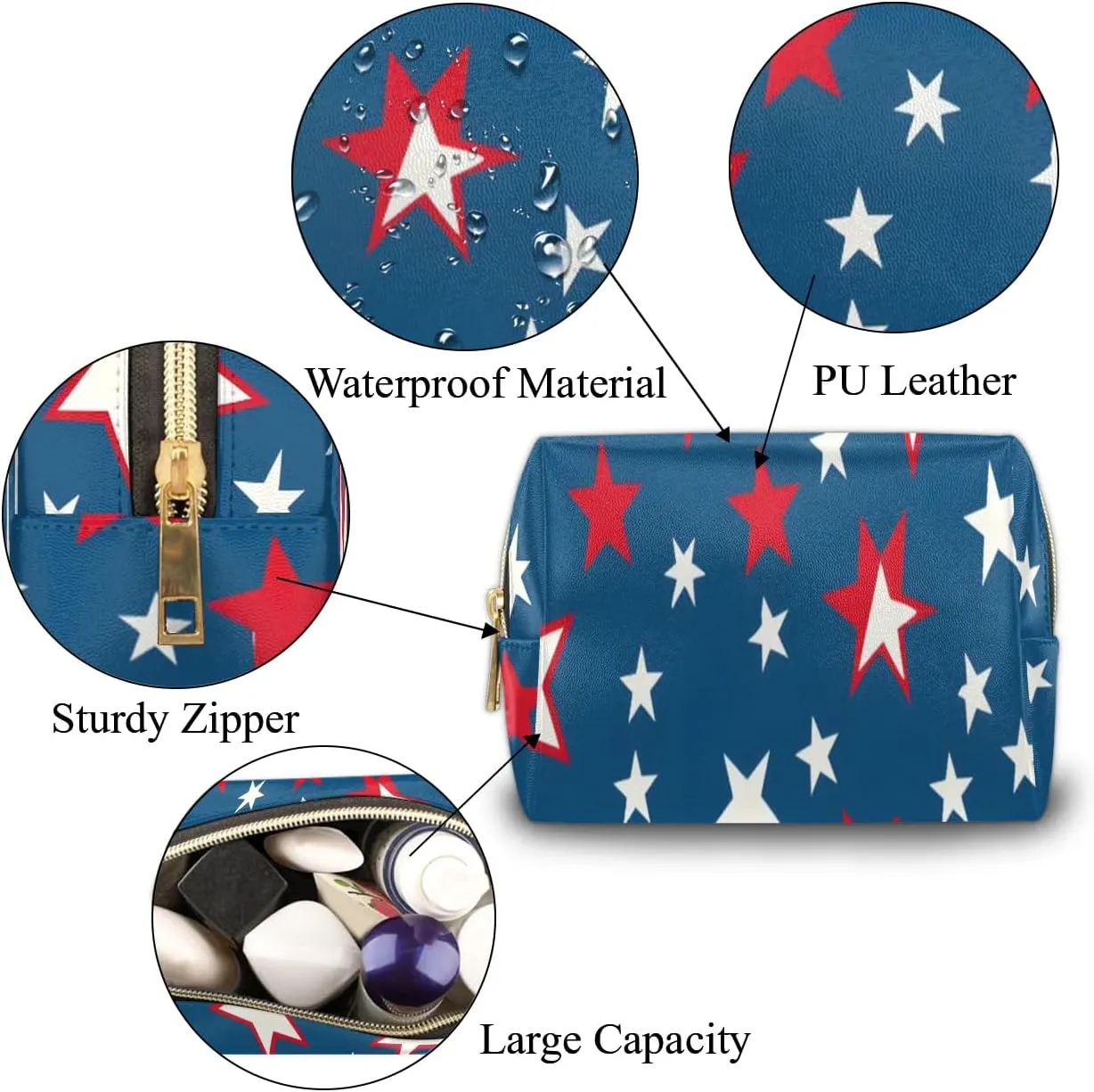 Multicolor Stars Pattern Travel Makeup Bag for Women, PU Leather Waterproof Checkered Cosmetic Bags Large Make up Bag Zipper Pouch