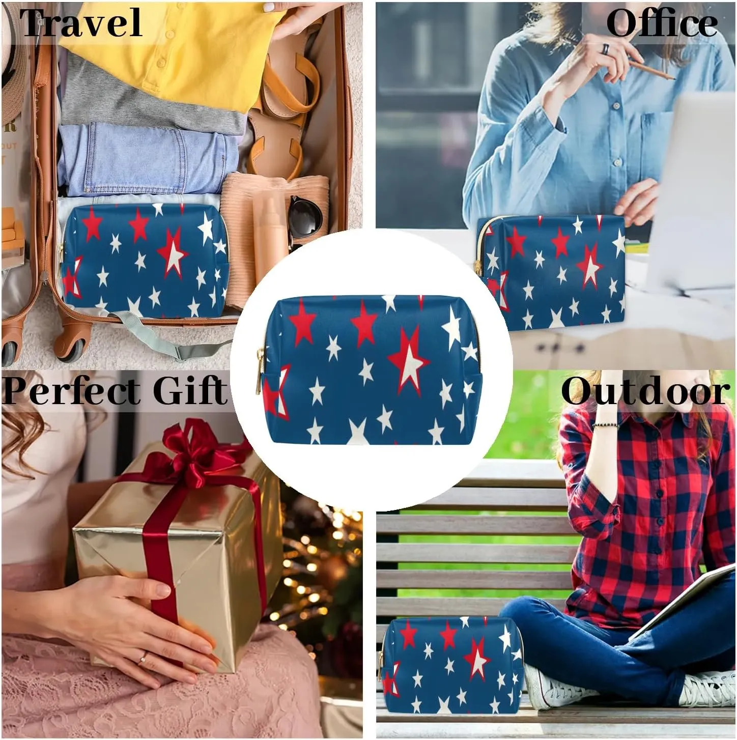Multicolor Stars Pattern Travel Makeup Bag for Women, PU Leather Waterproof Checkered Cosmetic Bags Large Make up Bag Zipper Pouch