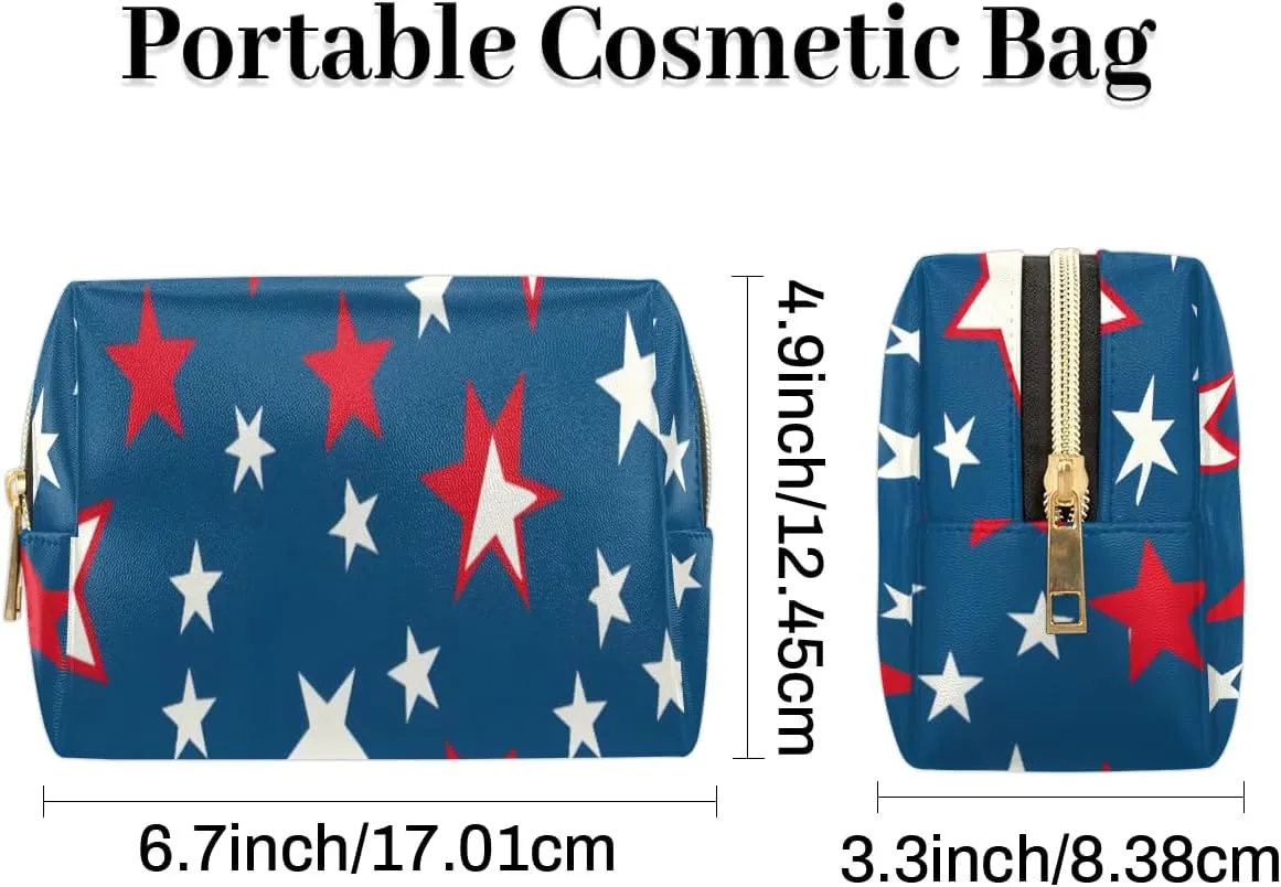 Multicolor Stars Pattern Travel Makeup Bag for Women, PU Leather Waterproof Checkered Cosmetic Bags Large Make up Bag Zipper Pouch