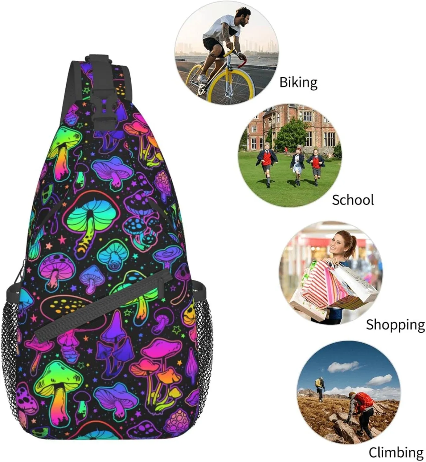 Mushroom Pattern Sling Backpack,Travel Hiking Daypack Chest Bag Shoulder Daypack Crossbody Bags For Women Men