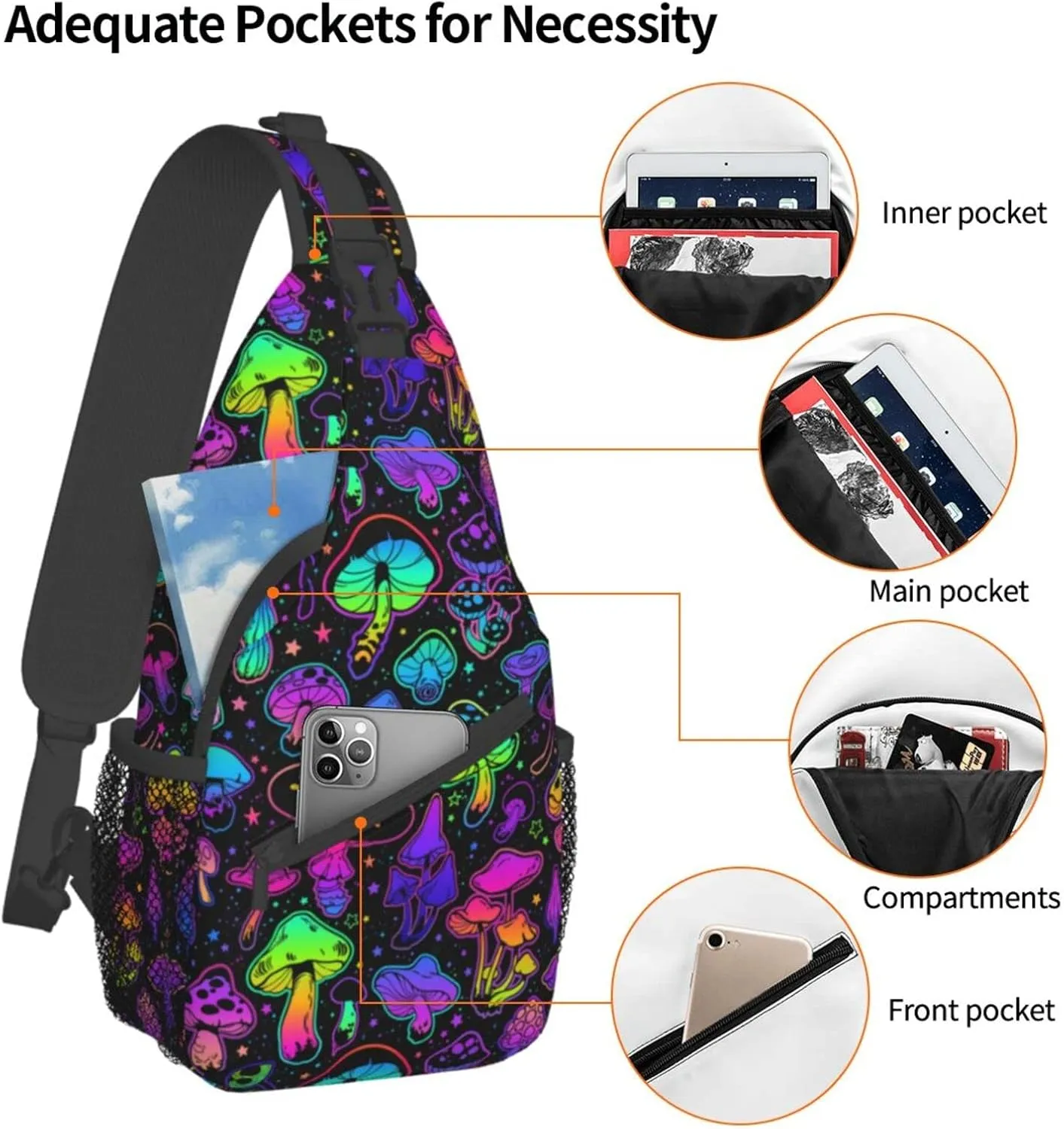 Mushroom Pattern Sling Backpack,Travel Hiking Daypack Chest Bag Shoulder Daypack Crossbody Bags For Women Men