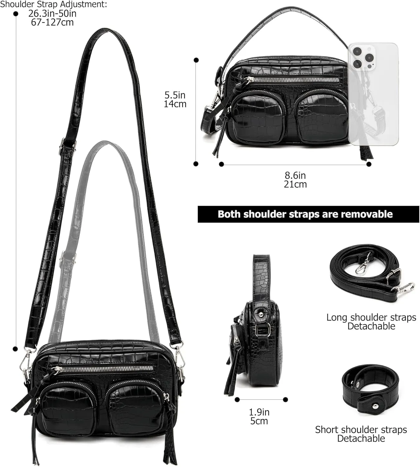 myfriday Camera Crossbody Bags for Women Crocodile Pattern Small Leather Shoulder Handbag Purse with Removable Strap
