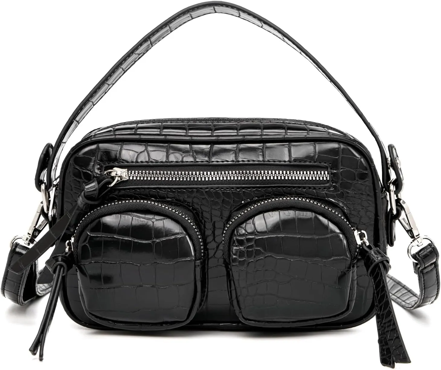 myfriday Camera Crossbody Bags for Women Crocodile Pattern Small Leather Shoulder Handbag Purse with Removable Strap
