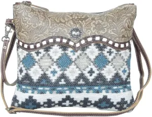 Myra Bag Tincture Vintage Purse - Rug, Canvas, and Leather Crossbody Bags for Women, Woven Tribal Pattern and Floral Tooled Leather Design, Crossbody Purse with Adjustable Shoulder Strap and Wristlet