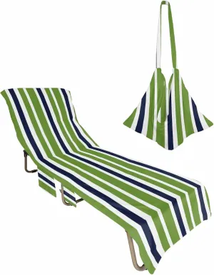 Navy Blue and Grey Stripes Chaise Lounger Cover with Pockets, Pool Lounge Chair Covers 85"x29", Green White Gray Pattern Microfiber Beach Chair Cover for Outdoor Patio Sunbathing