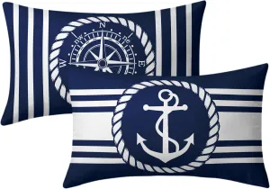 Navy Blue and White Anchors Pillowcovers Ocean Summer Throw Pillow Cover Coastal Nautical Lumbar Cushion Case for Sofa Home Decor Bedroom Living Room Outdoor 12 x 20 Inches Set of 2 Beach Pillow Cover