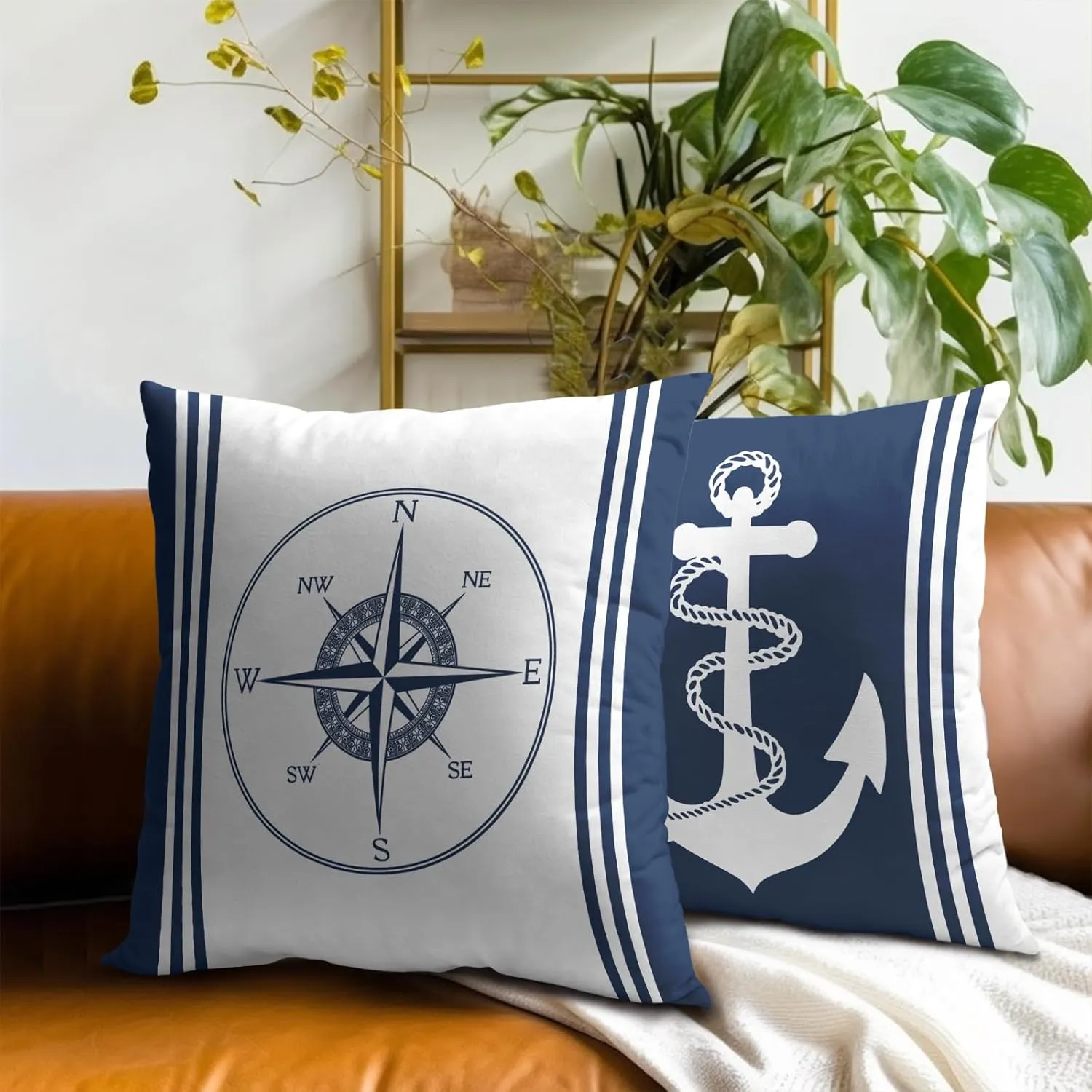 Navy Blue and White Pillowcovers Ocean Anchors Throw Pillow Covers Coastal Summer Nautical Cushion Case for Sofa Home Decor Bedroom Living Room Outdoor 18 x 18 Inches Set of 2 Beach Theme Pillow Cover
