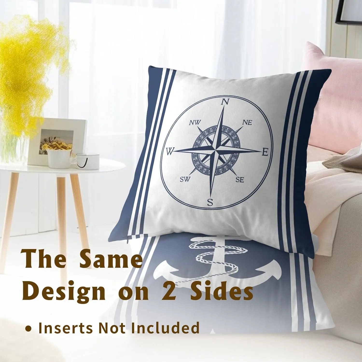 Navy Blue and White Pillowcovers Ocean Anchors Throw Pillow Covers Coastal Summer Nautical Cushion Case for Sofa Home Decor Bedroom Living Room Outdoor 18 x 18 Inches Set of 2 Beach Theme Pillow Cover