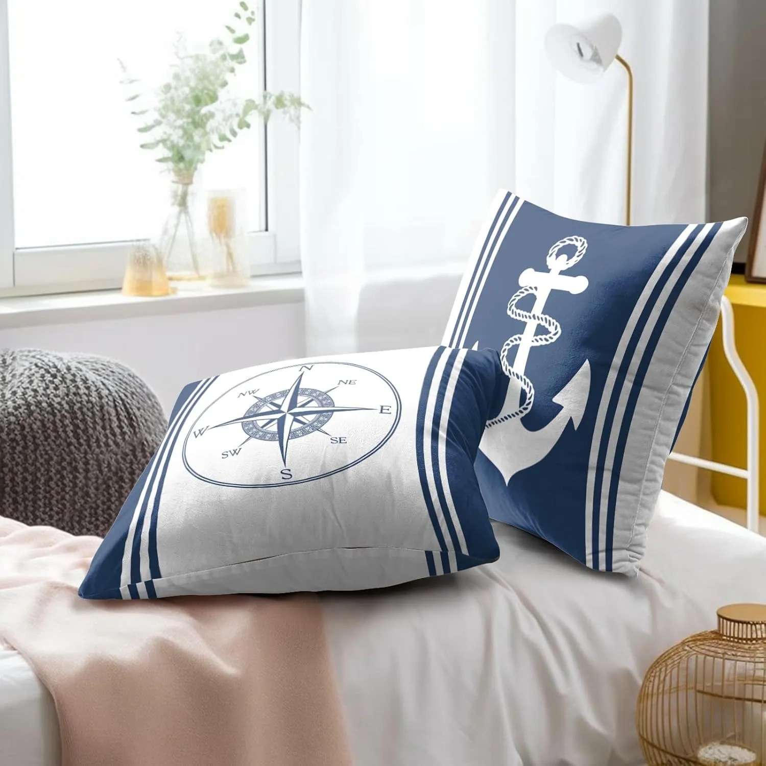 Navy Blue and White Pillowcovers Ocean Anchors Throw Pillow Covers Coastal Summer Nautical Cushion Case for Sofa Home Decor Bedroom Living Room Outdoor 18 x 18 Inches Set of 2 Beach Theme Pillow Cover