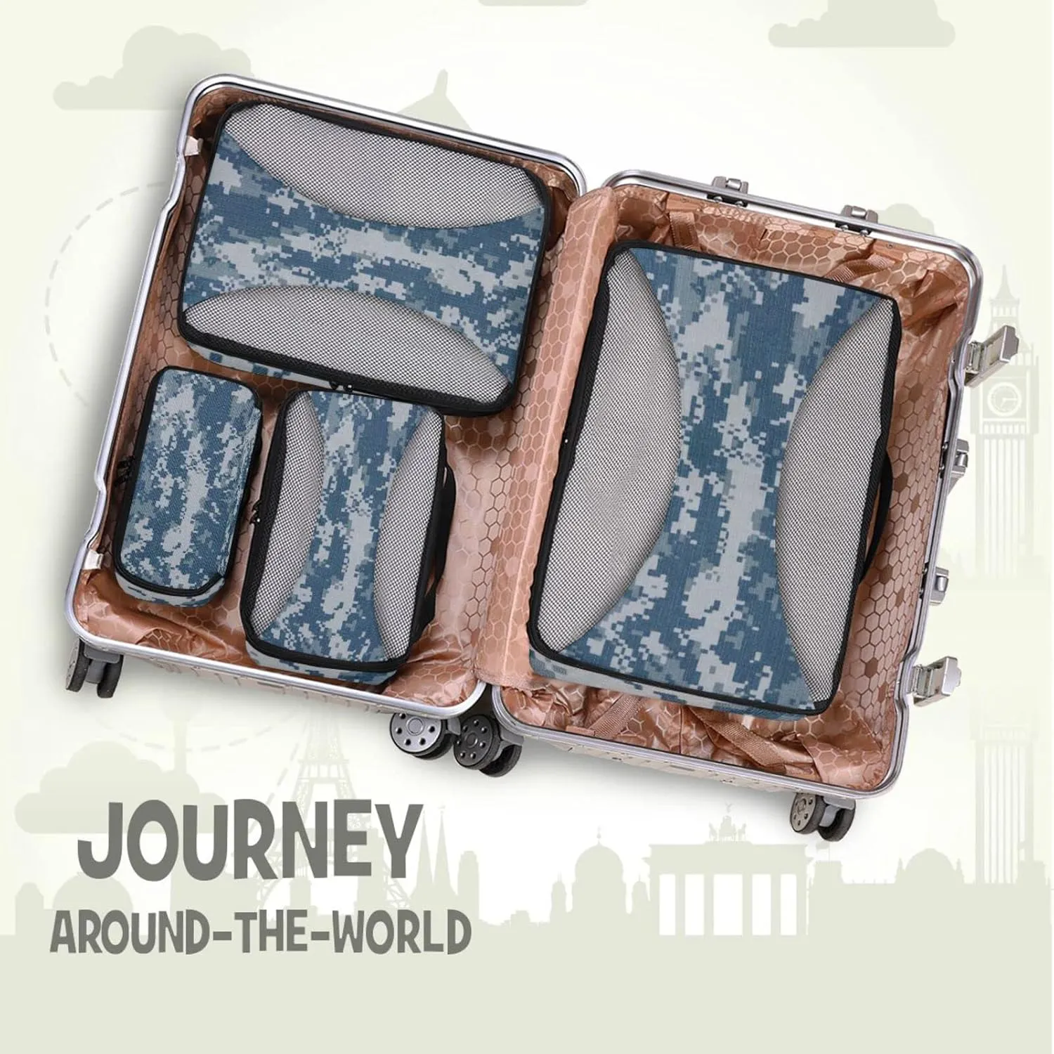 Navy Blue Digital Camouflage Fabric Texture Background 4 PCs Set Packing Bags, Luggage Organizer Bag, Portable Cube Toiletry bag, Durable Travel Cosmetic Storage Bag for Men Women
