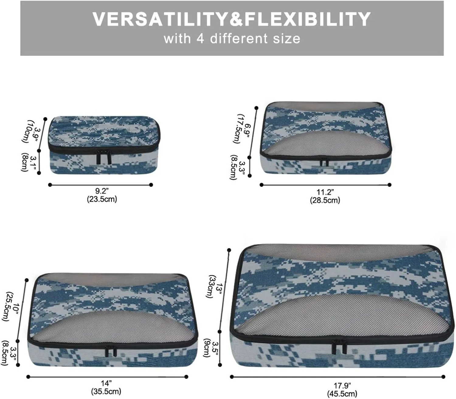 Navy Blue Digital Camouflage Fabric Texture Background 4 PCs Set Packing Bags, Luggage Organizer Bag, Portable Cube Toiletry bag, Durable Travel Cosmetic Storage Bag for Men Women