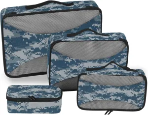 Navy Blue Digital Camouflage Fabric Texture Background 4 PCs Set Packing Bags, Luggage Organizer Bag, Portable Cube Toiletry bag, Durable Travel Cosmetic Storage Bag for Men Women