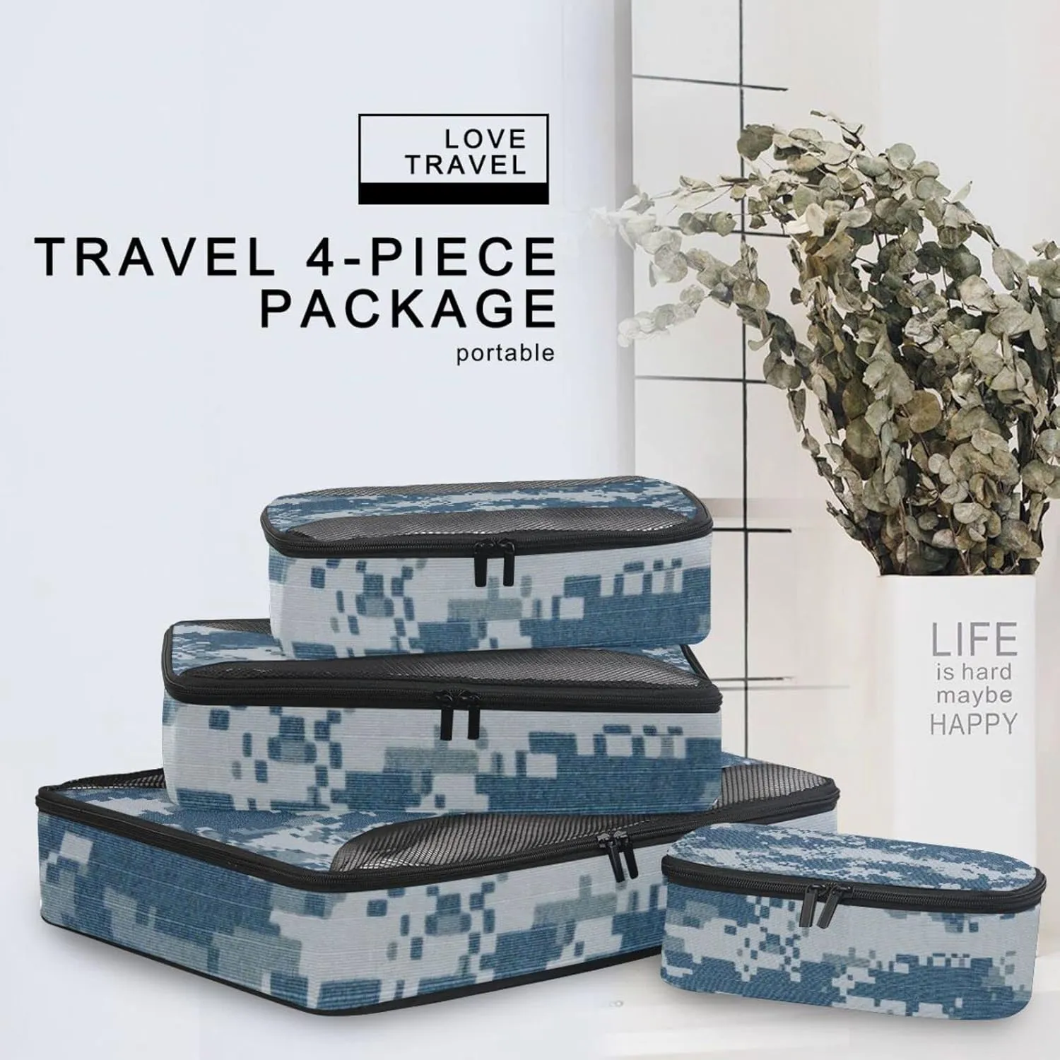 Navy Blue Digital Camouflage Fabric Texture Background 4 PCs Set Packing Bags, Luggage Organizer Bag, Portable Cube Toiletry bag, Durable Travel Cosmetic Storage Bag for Men Women