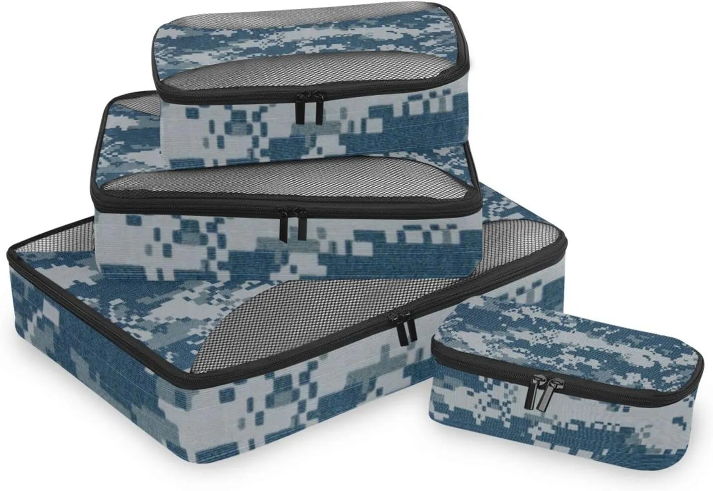 Navy Blue Digital Camouflage Fabric Texture Background 4 PCs Set Packing Bags, Luggage Organizer Bag, Portable Cube Toiletry bag, Durable Travel Cosmetic Storage Bag for Men Women