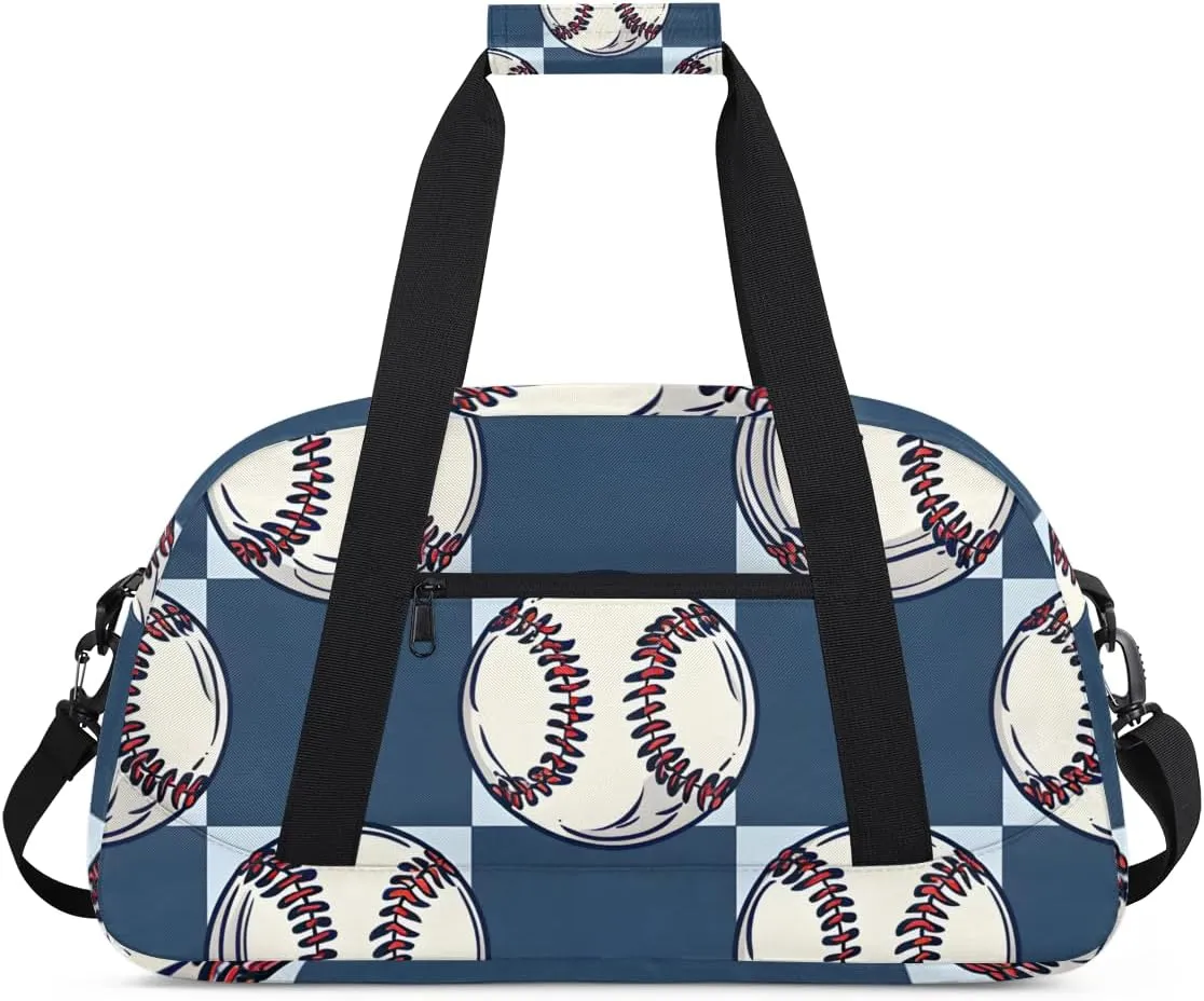 Navy Blue Grid Pattern Boys Girls Gym Bag Dance Perform Training Duffel Bags Weekender Carry-On Tote Luggage Bag Ideal for School Practice or Overnight Trips Baseball