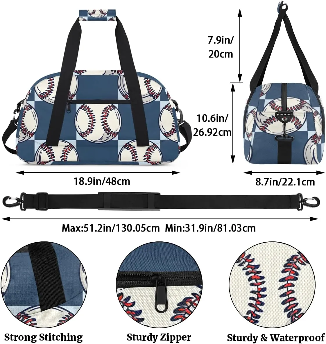 Navy Blue Grid Pattern Boys Girls Gym Bag Dance Perform Training Duffel Bags Weekender Carry-On Tote Luggage Bag Ideal for School Practice or Overnight Trips Baseball