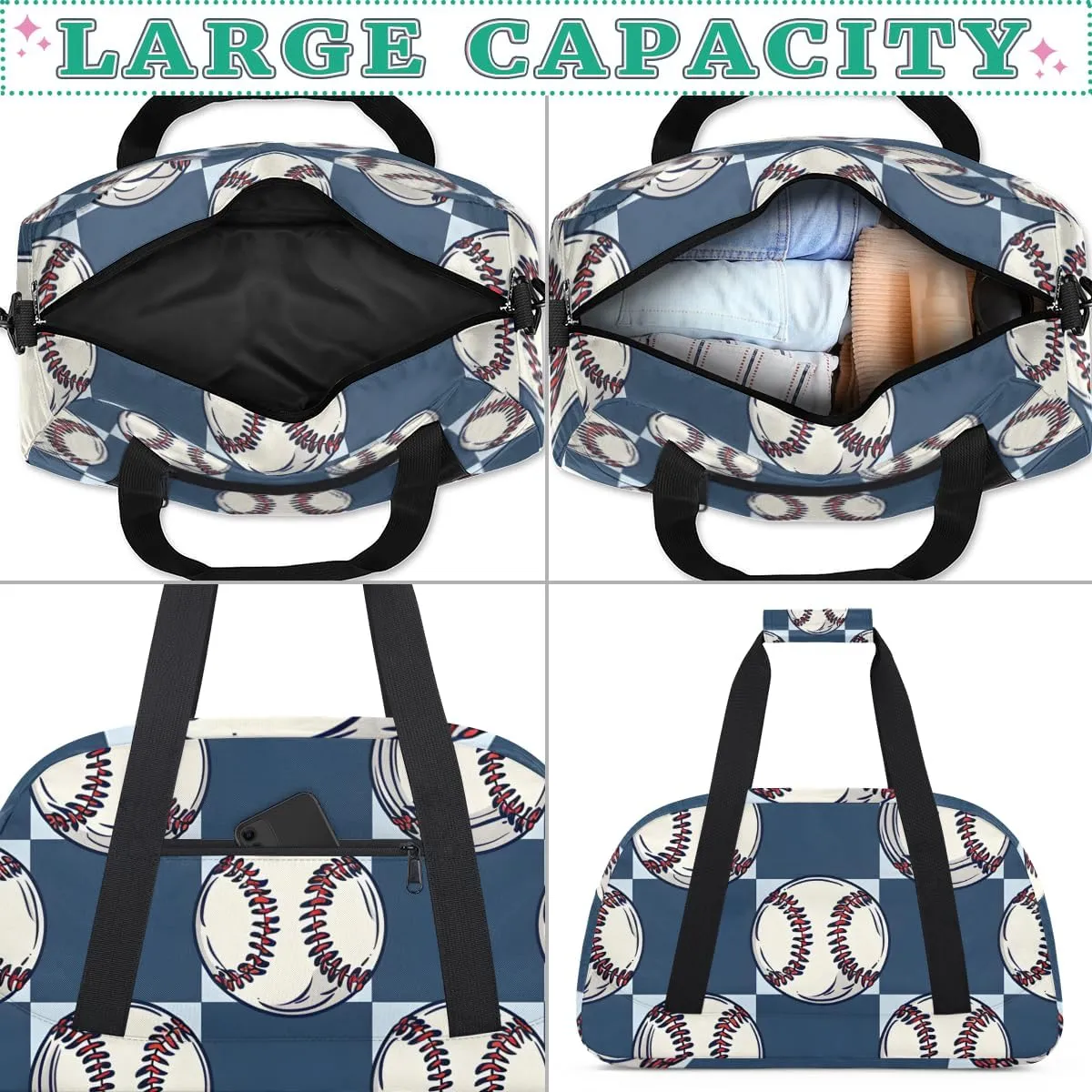 Navy Blue Grid Pattern Boys Girls Gym Bag Dance Perform Training Duffel Bags Weekender Carry-On Tote Luggage Bag Ideal for School Practice or Overnight Trips Baseball