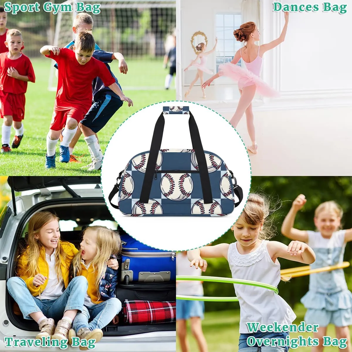 Navy Blue Grid Pattern Boys Girls Gym Bag Dance Perform Training Duffel Bags Weekender Carry-On Tote Luggage Bag Ideal for School Practice or Overnight Trips Baseball