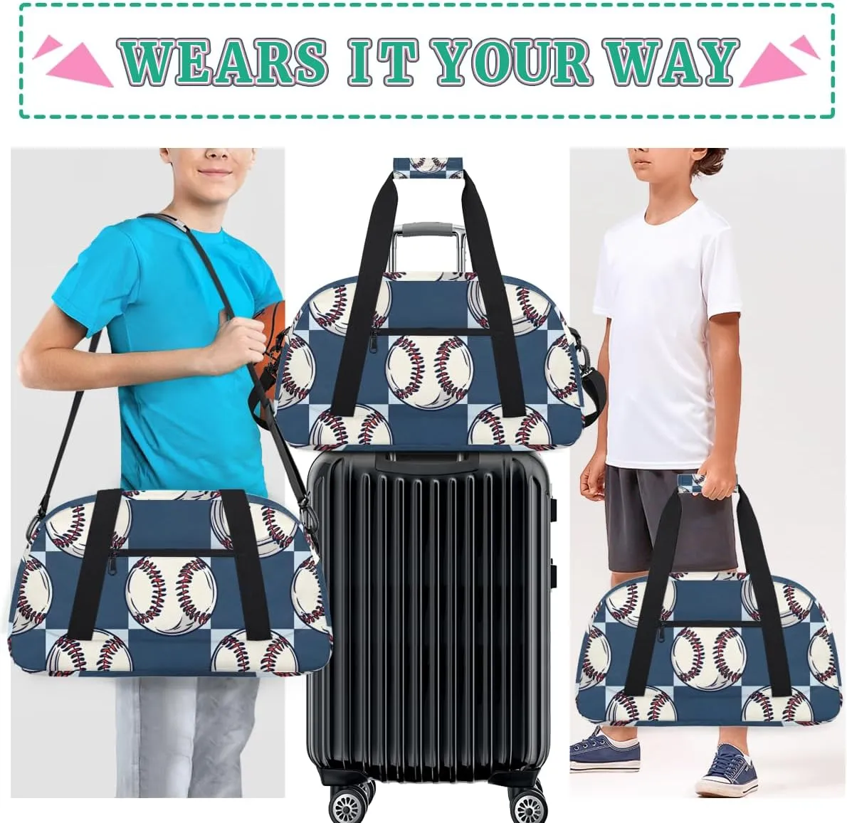 Navy Blue Grid Pattern Boys Girls Gym Bag Dance Perform Training Duffel Bags Weekender Carry-On Tote Luggage Bag Ideal for School Practice or Overnight Trips Baseball