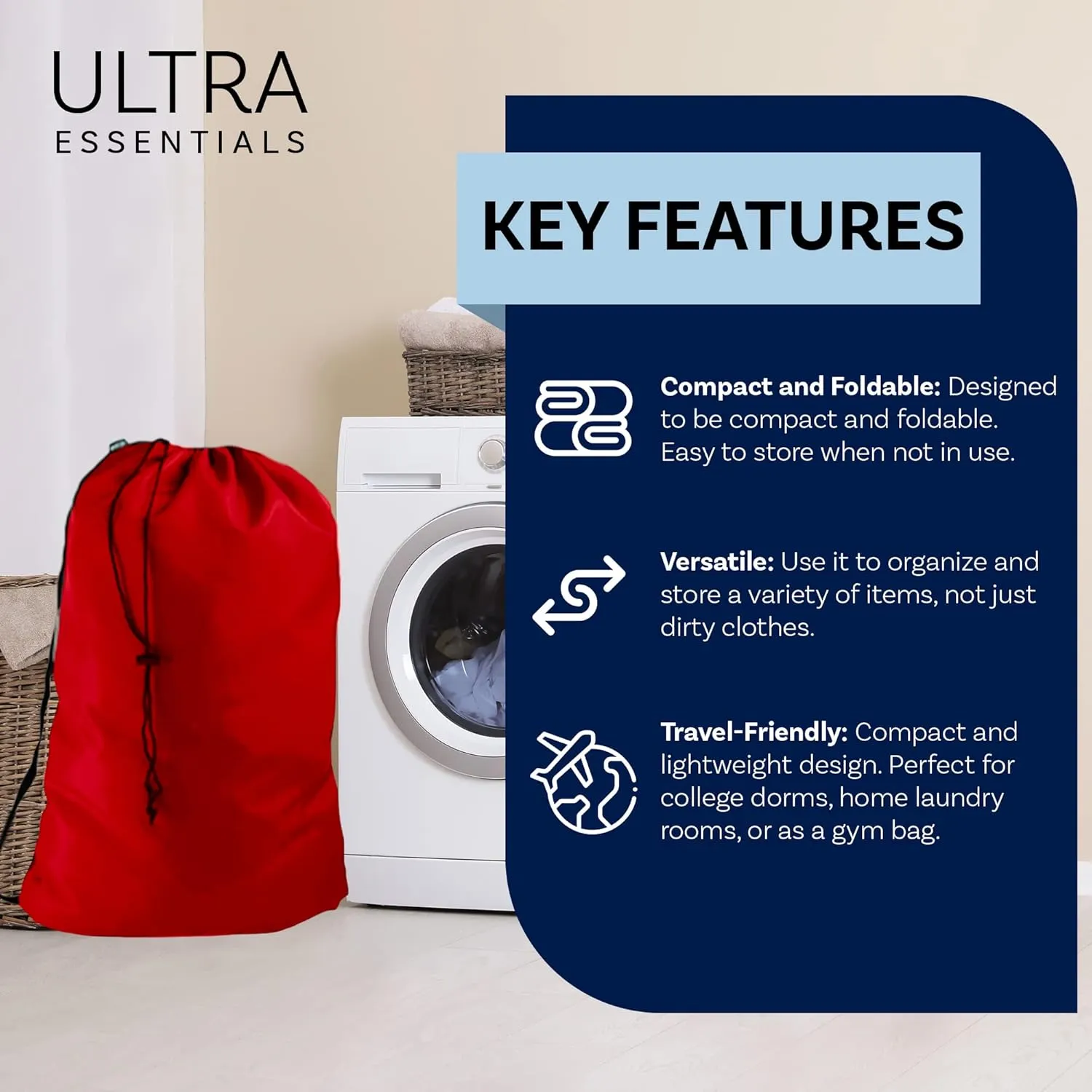 Navy Blue Heavy Duty Laundry Bag w/Shoulder Strap by Ultra Essentials, XL 24" X 36" Tear Resistant Utility Bags, Dorm Hamper, Camping Tent, Sports Balls & Jerseys, Clothes, Yarn Storage