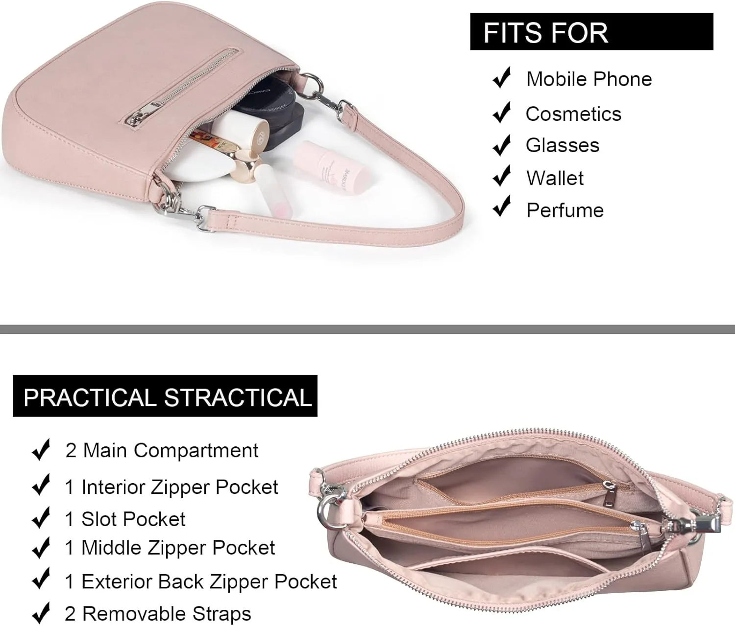 NIUEIMEE ZHOU Small Shoulder bag with 2 Removable Straps Cross Body Clutch Purse Handbag for Women