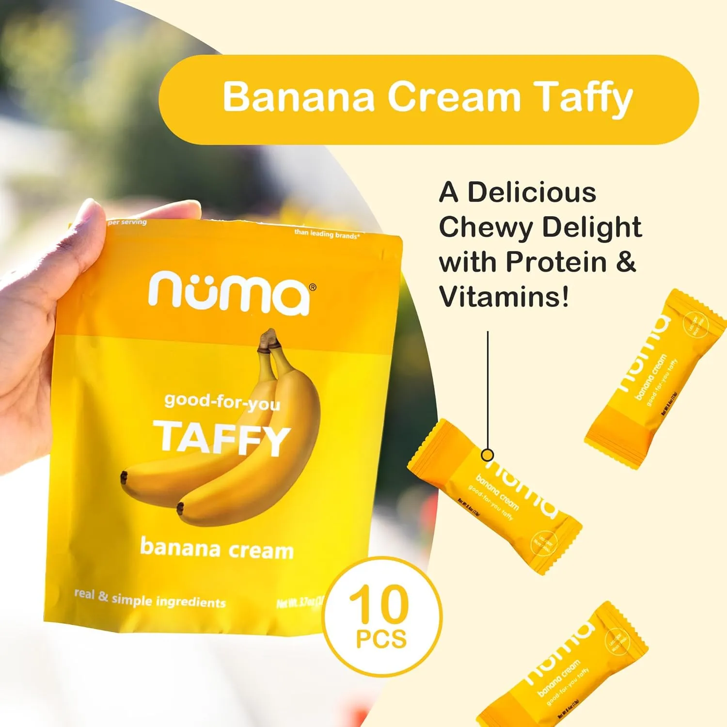 Numa Foods Banana Taffy Candy, Made with Real & Simple Ingredients Low Sugar, High Protein, Low Calorie, All Natural & Gluten Free Banana Cream Taffy - 3 Bags with 10 Individually Wrapped Chews Each