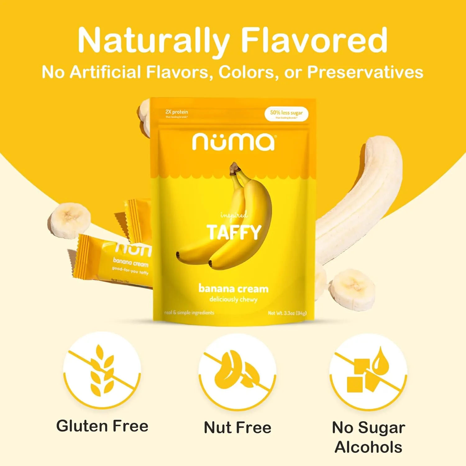 Numa Foods Banana Taffy Candy, Made with Real & Simple Ingredients Low Sugar, High Protein, Low Calorie, All Natural & Gluten Free Banana Cream Taffy - 3 Bags with 10 Individually Wrapped Chews Each