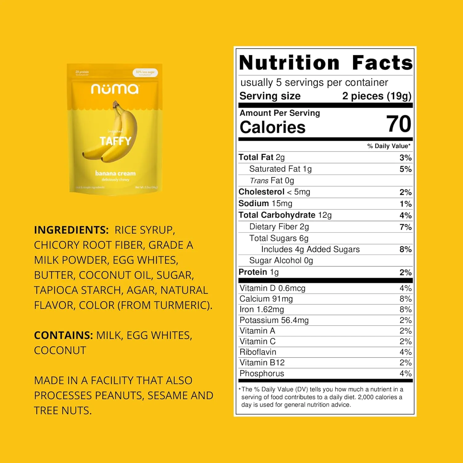 Numa Foods Banana Taffy Candy, Made with Real & Simple Ingredients Low Sugar, High Protein, Low Calorie, All Natural & Gluten Free Banana Cream Taffy - 3 Bags with 10 Individually Wrapped Chews Each