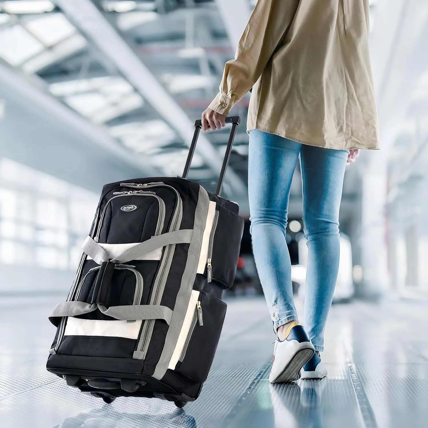Olympia U.S.A. 22 inch Carry On 8 Pockets Wheeled Rolling Duffel Bag Water Resistant Luggage Lightweight Travel Suitcase with Retractable Handle