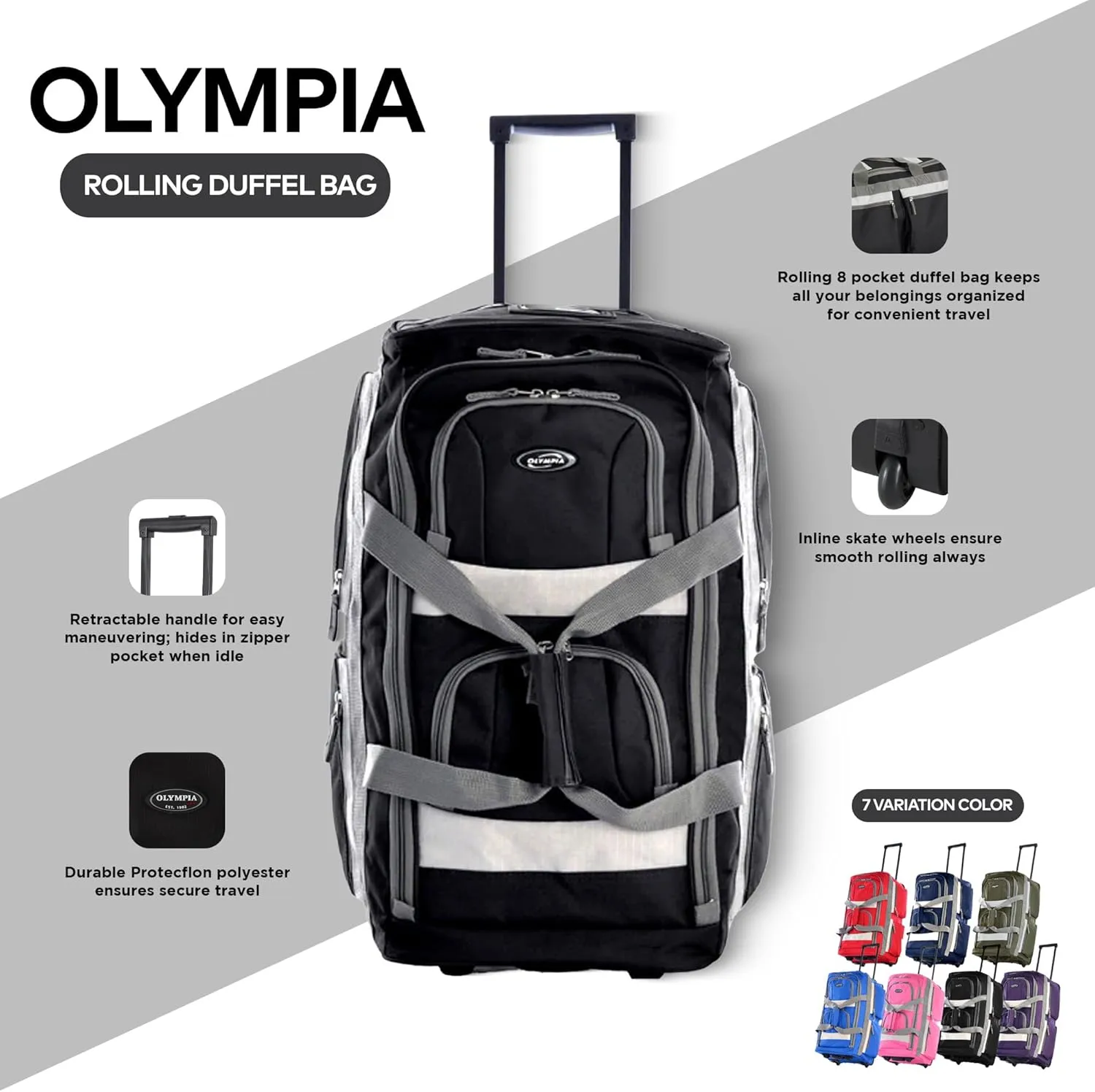 Olympia U.S.A. 22 inch Carry On 8 Pockets Wheeled Rolling Duffel Bag Water Resistant Luggage Lightweight Travel Suitcase with Retractable Handle