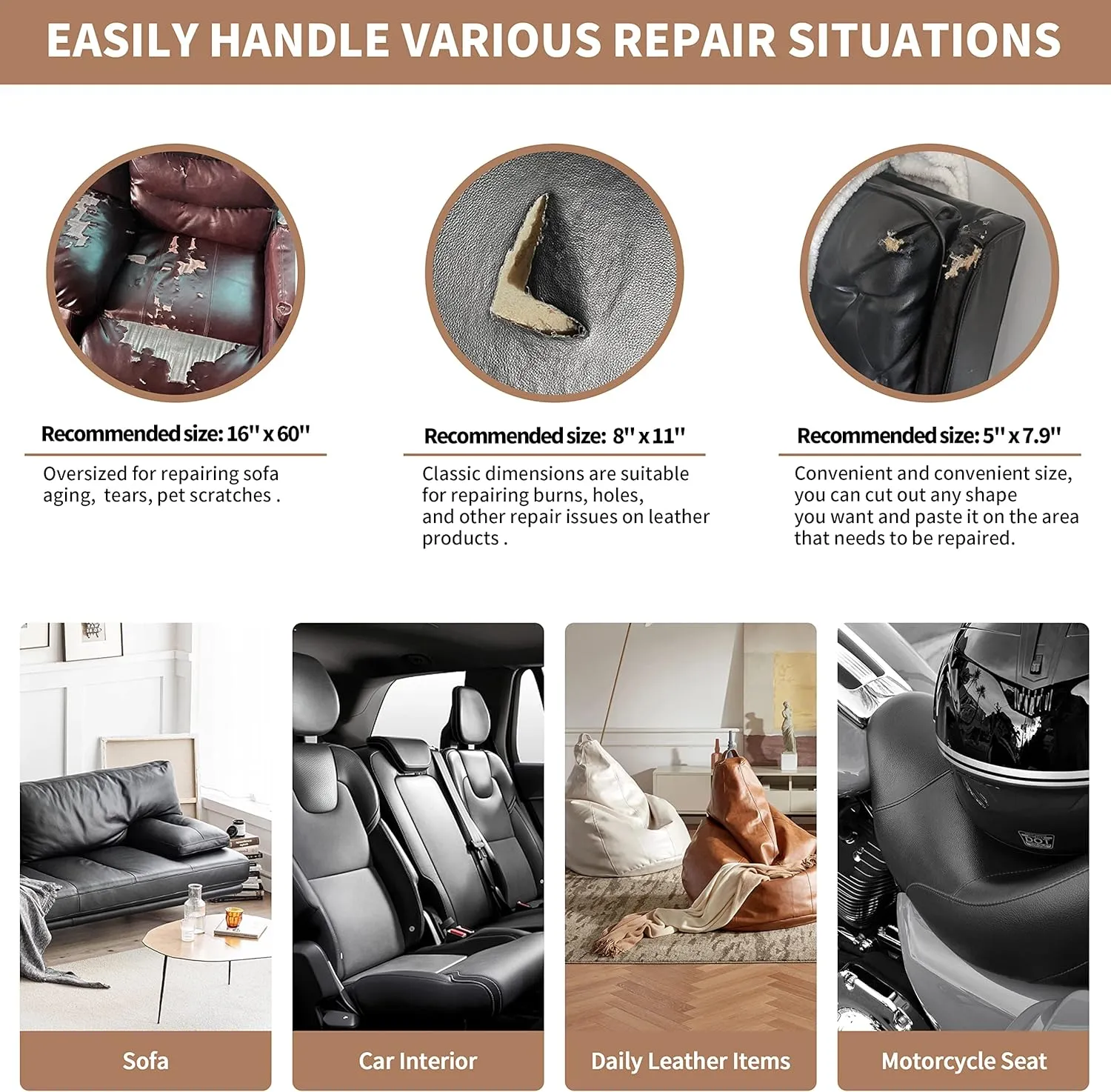 ONine Leather Repair Patch,Self-Adhesive Couch Patch，Multicolor Available Scratch Leather 8X11 Inch Peel and Stick for Sofas, Car Seats Hand Bags Jackets(Gray Leather)
