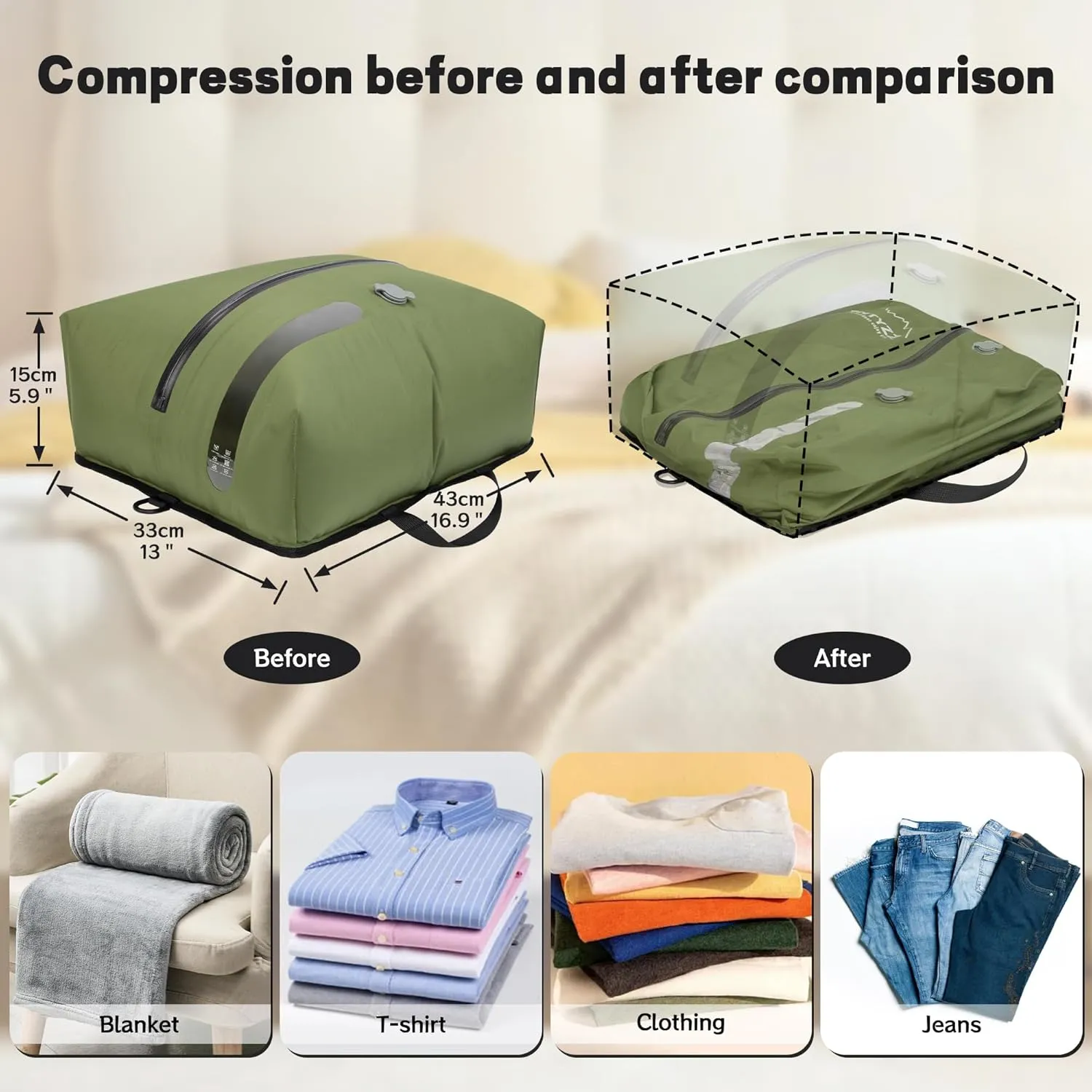 ONTYZZ Travel Vacuum Compression Bags Reusable Compression Bag with IP67 Waterproof Zipper Space Saver Vacuum Bags for Suitcase,One Pack Green
