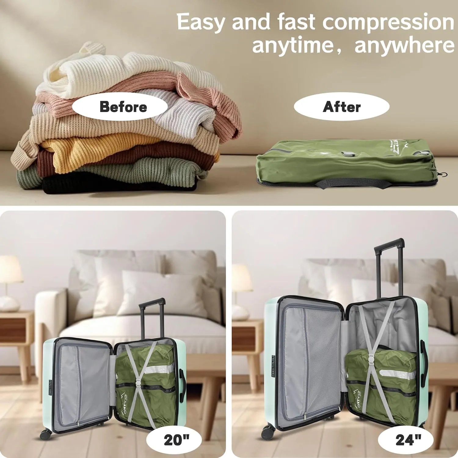 ONTYZZ Travel Vacuum Compression Bags Reusable Compression Bag with IP67 Waterproof Zipper Space Saver Vacuum Bags for Suitcase,One Pack Green