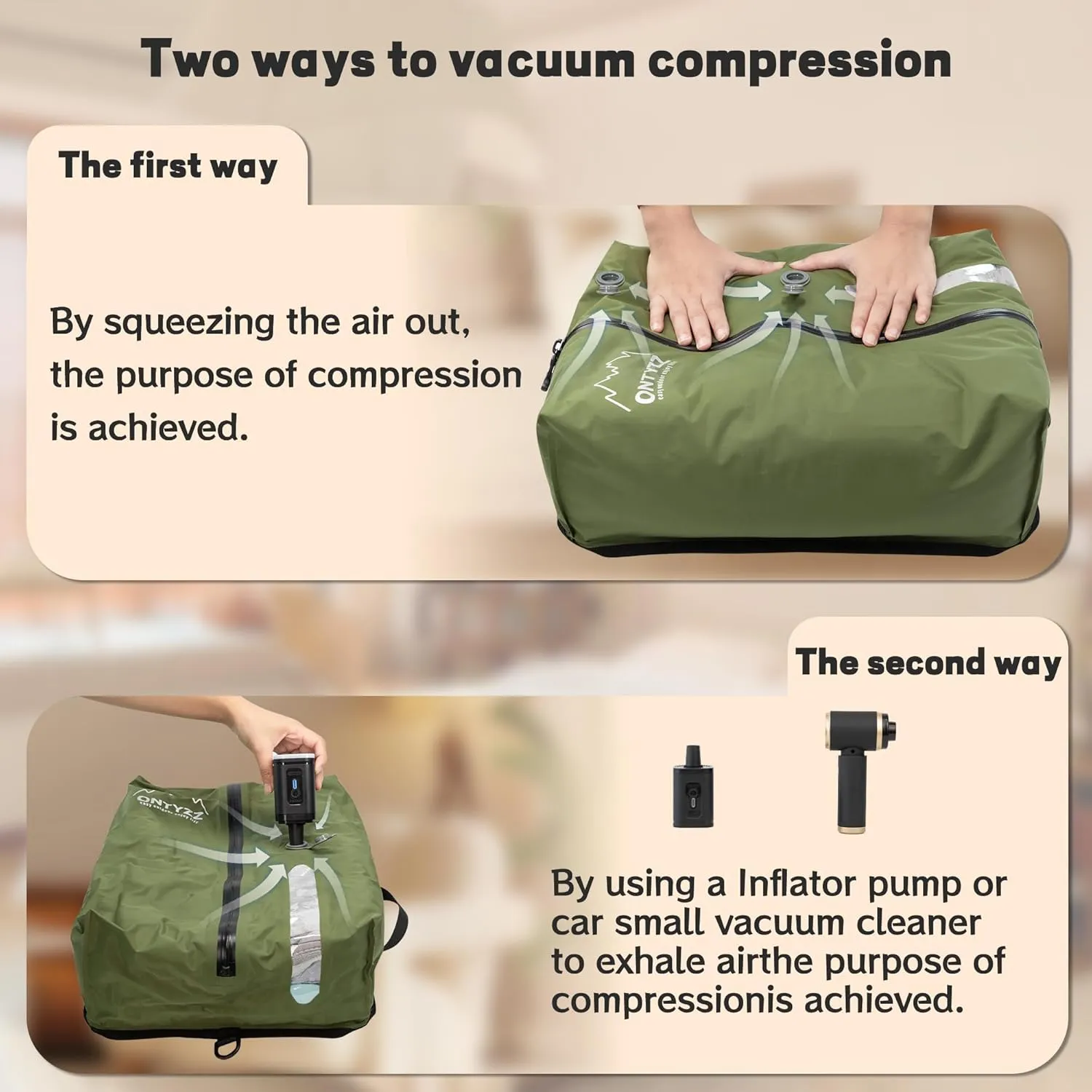 ONTYZZ Travel Vacuum Compression Bags Reusable Compression Bag with IP67 Waterproof Zipper Space Saver Vacuum Bags for Suitcase,One Pack Green