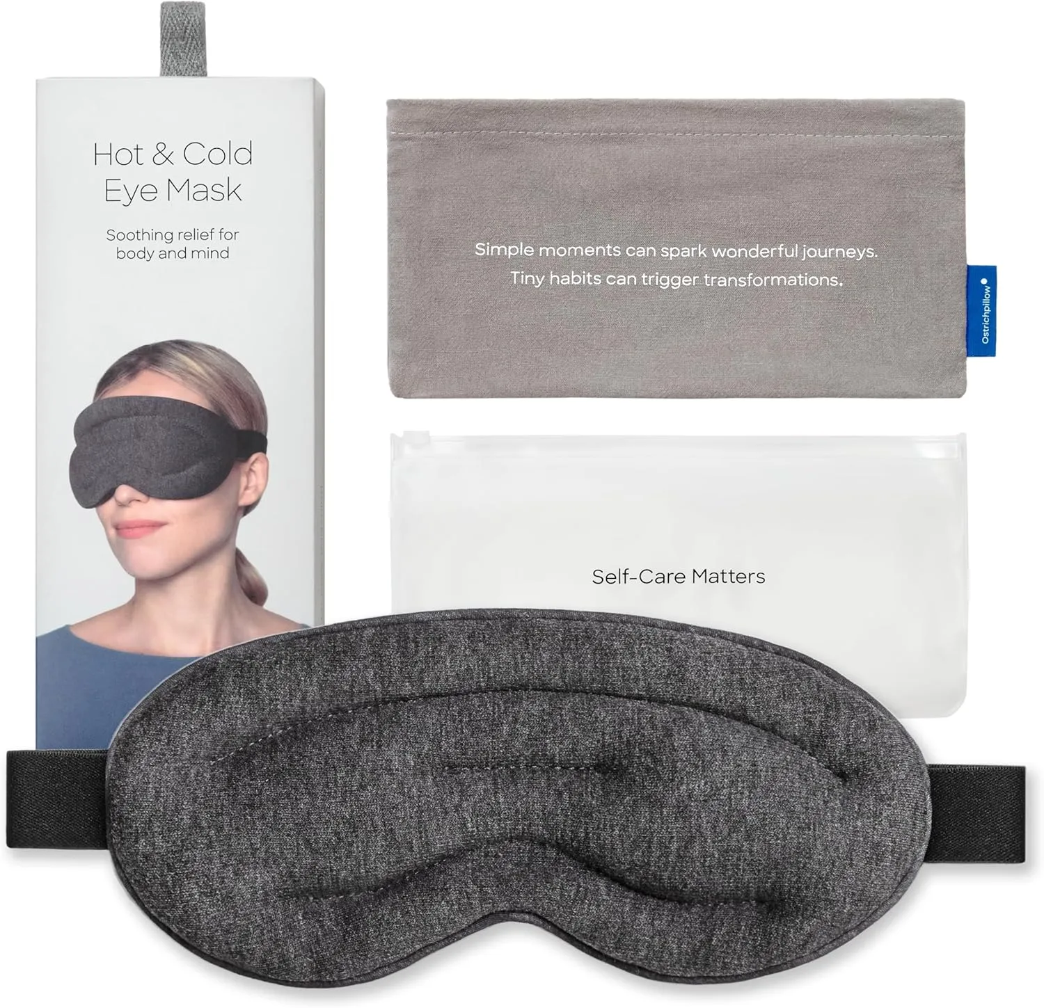 Ostrichpillow Hot & Cold Eye Mask - Clay Beads Hot Cold and Compression Therapy for Dark Circles, Eye Bags, Dry Eyes, Headaches, Migraines - Velcro Closure 2 Protective Bags Included